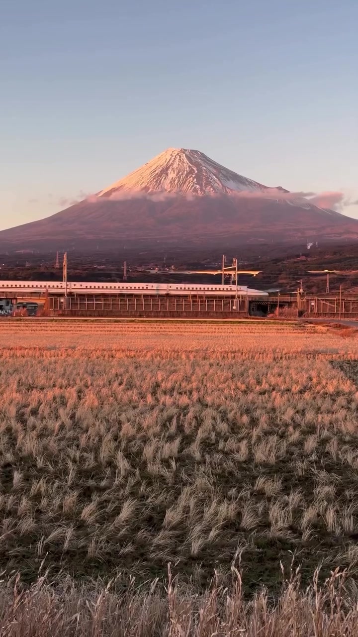 Mount Fuji Landscape: Train Track and Golden Hour