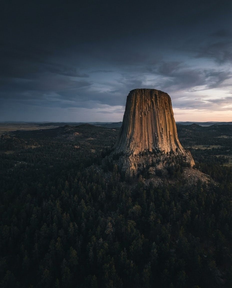 Devils Tower Wyoming Aerial View at Dusk