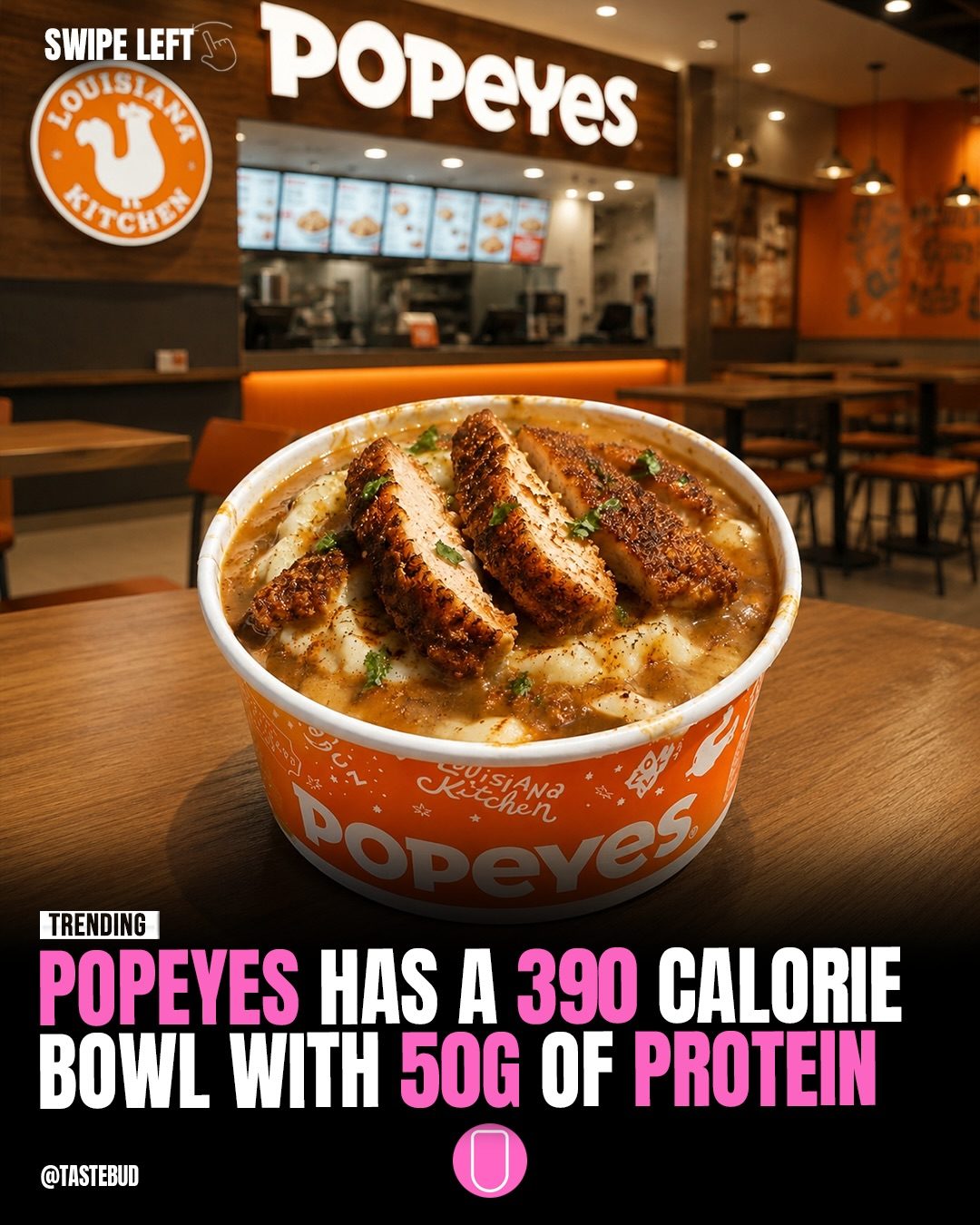 Popeyes Chicken Mashed Potato Bowl: 390 Calories, 50g Protein
