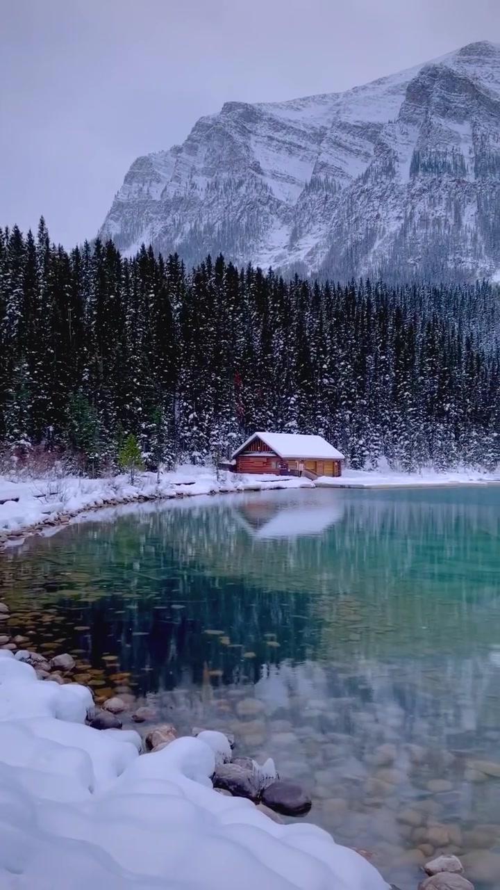 Lake Louise Winter Landscape with Cabin