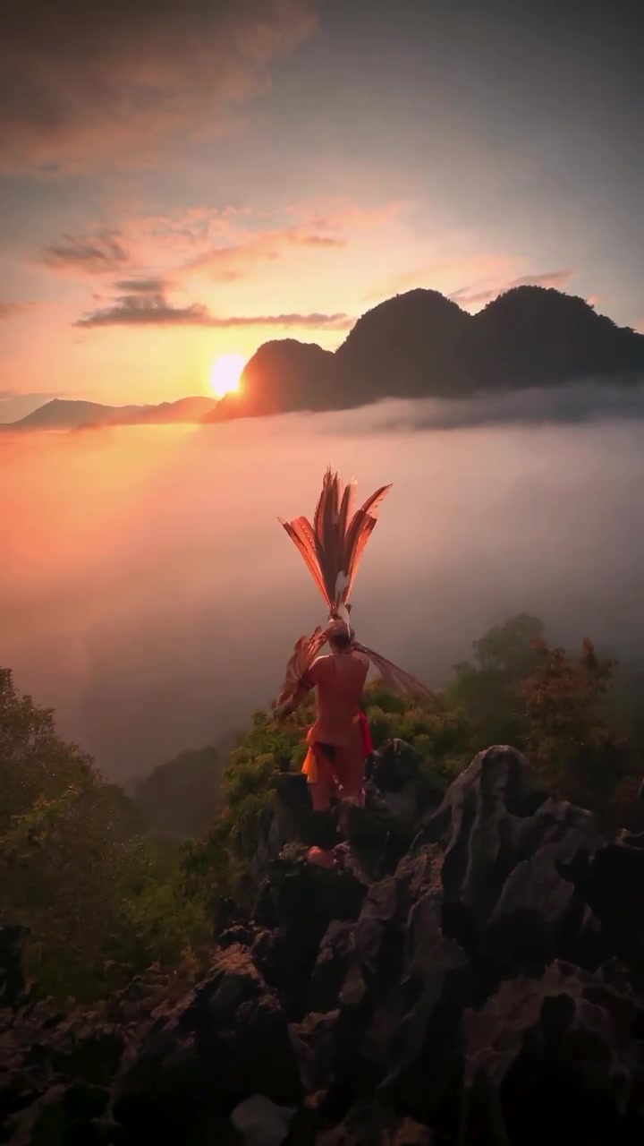 Mountain Sunset with Traditional Figure