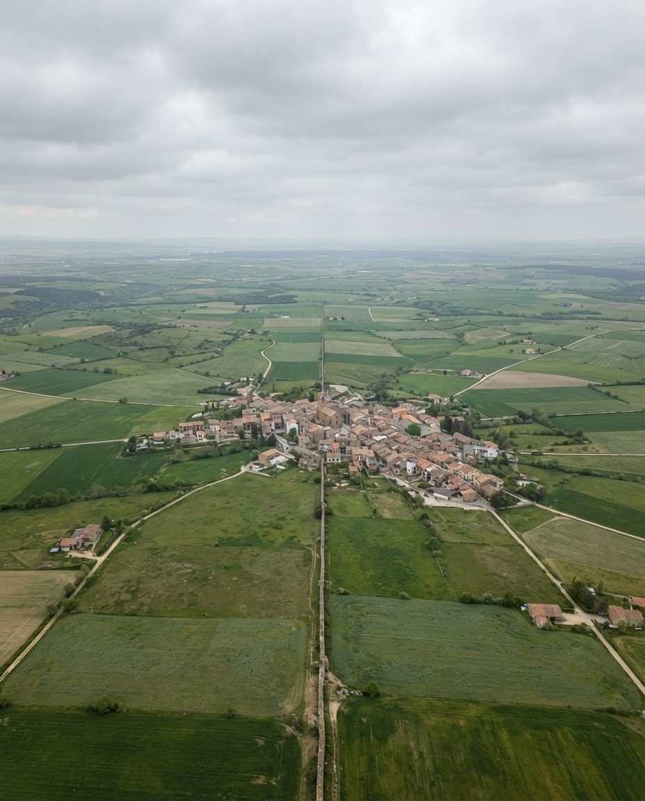 Aerial View of a Quaint Village and Farmland