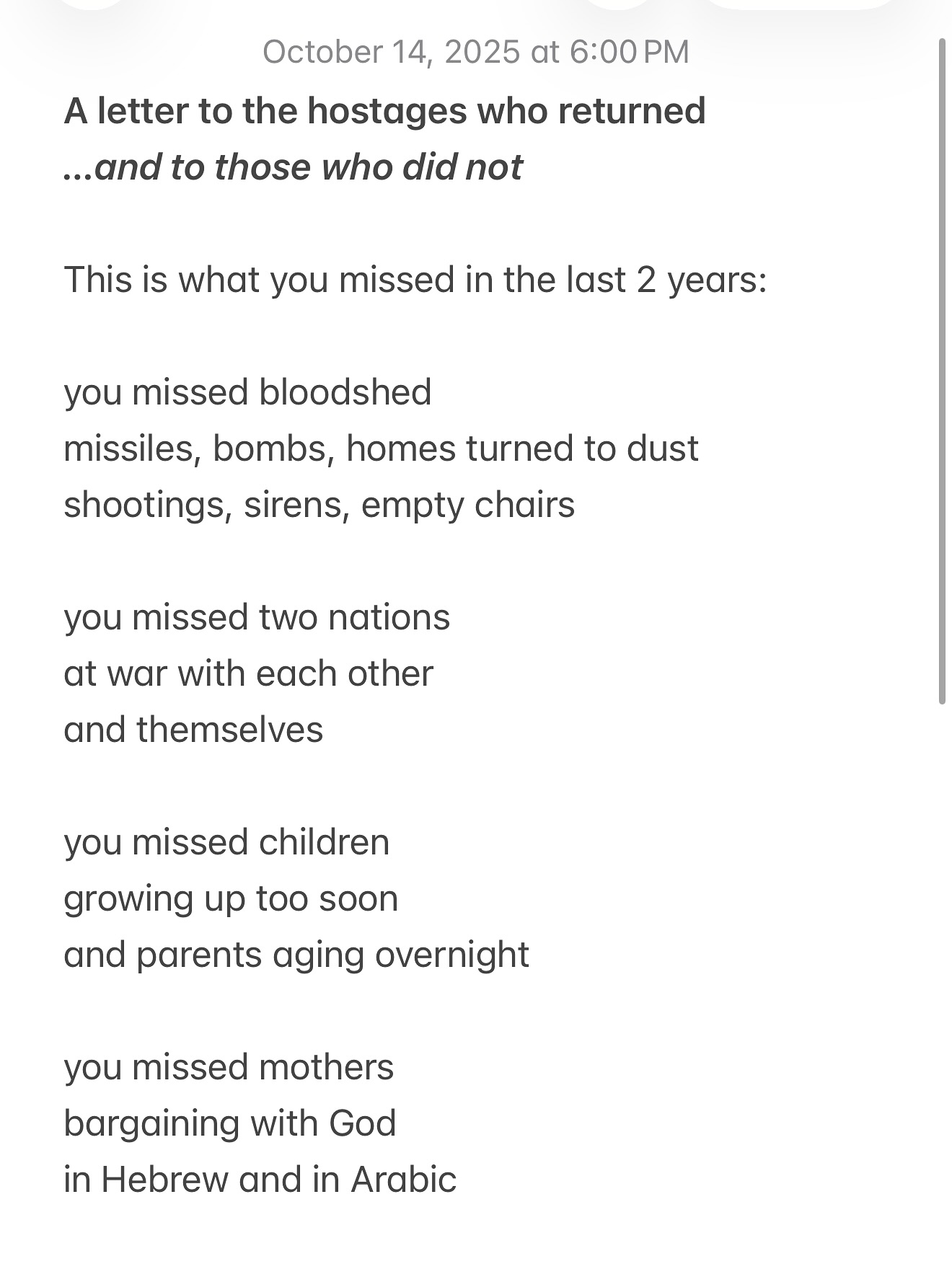Poem: Letter to Hostages Who Returned