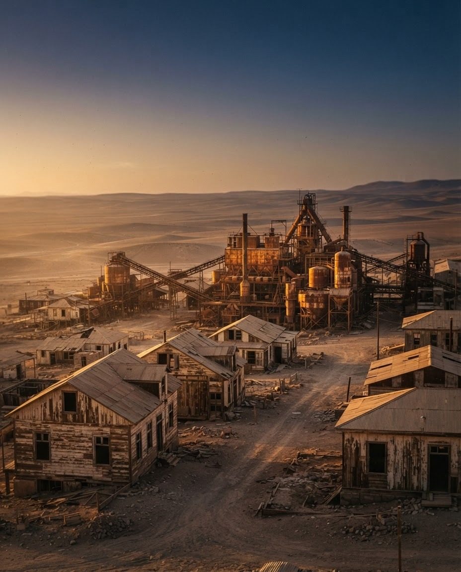 Abandoned Mining Town Sunset Aerial View