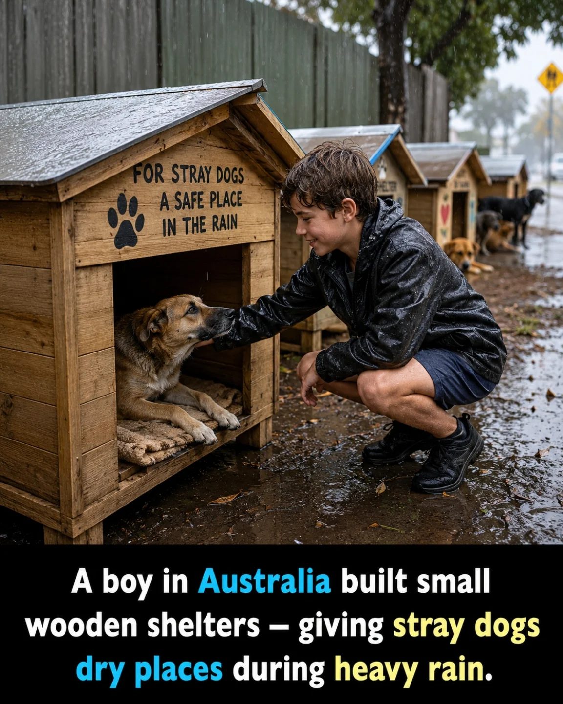 A Boy's Wooden Shelters for Stray Dogs in Australia