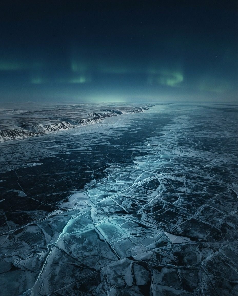 Northern Lights Over Frozen Sea: Aerial View