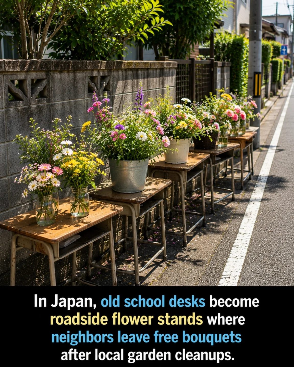 Community Flower Stands in Japan Make Old School Desks Bloom