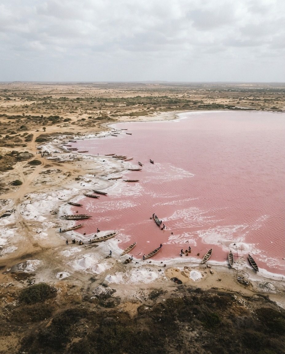 Pink Lake Landscape: Desert Beauty and Wooden Boats
