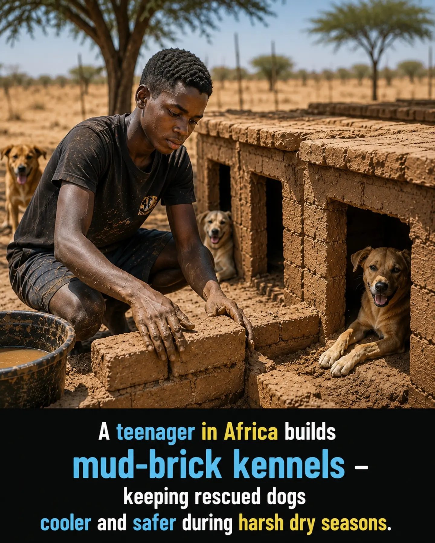 African Teen Builds Cool Mud-Brick Kennels for Rescued Dogs