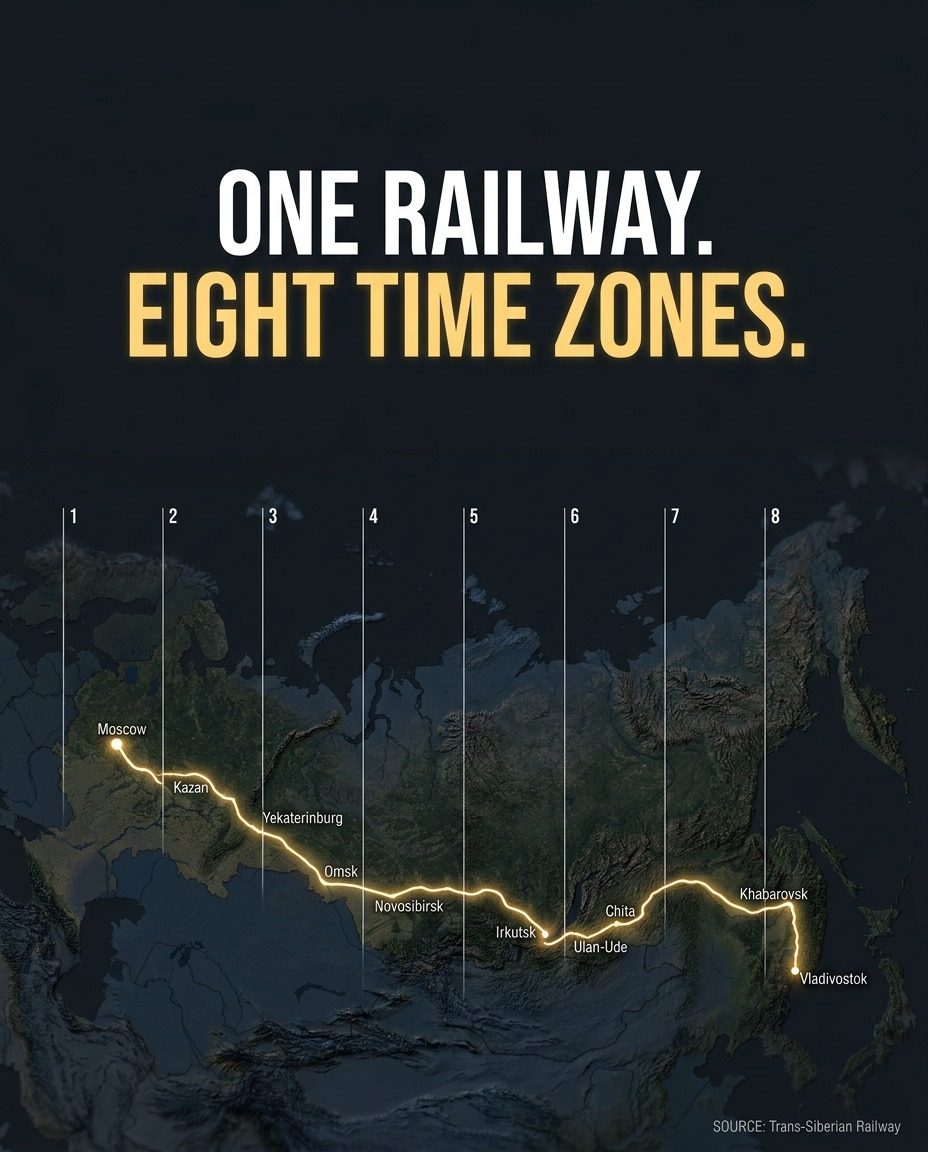 Trans-Siberian Railway Route Map with Eight Time Zones