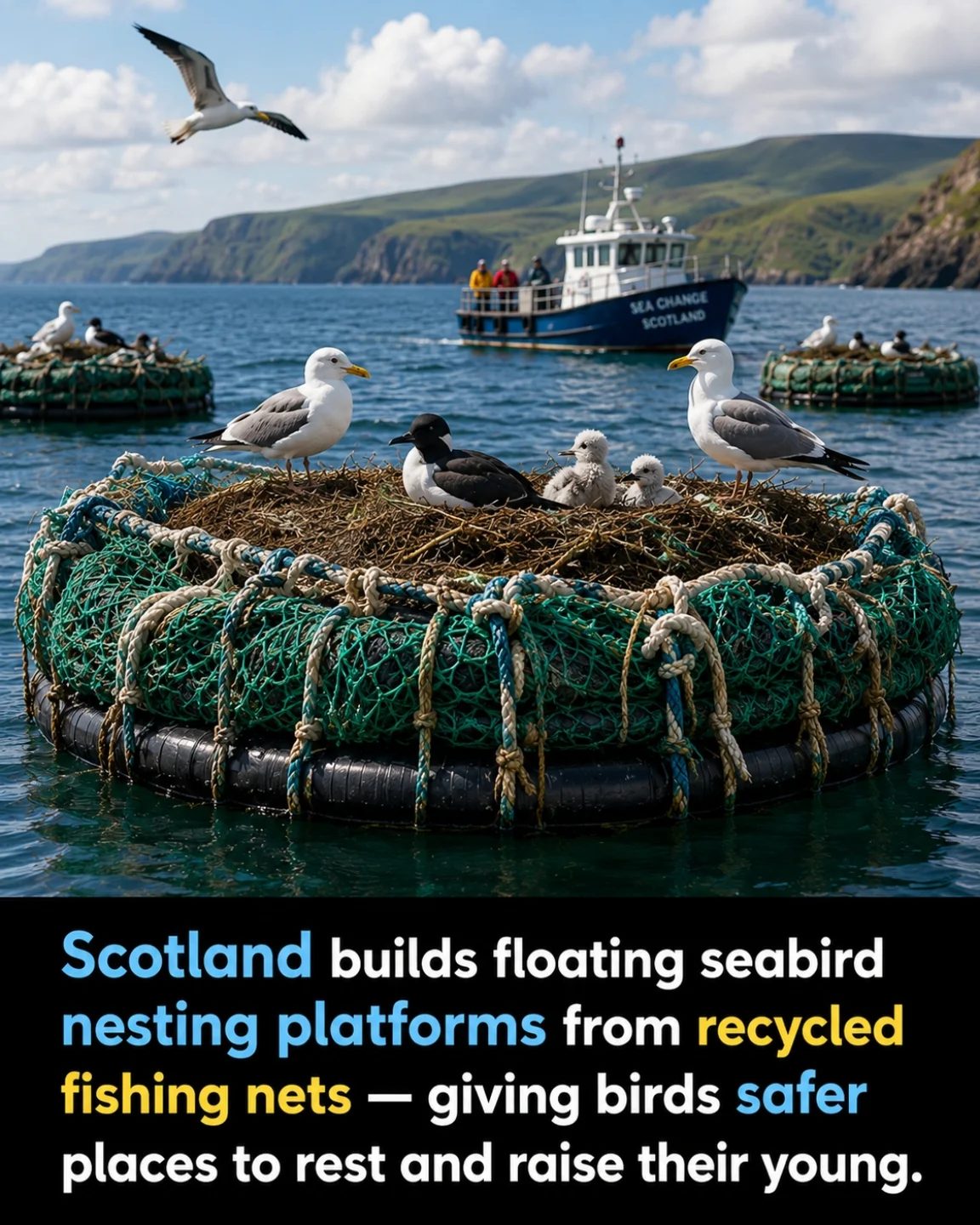 Scotland's Seabird Sanctuaries: Floating Platforms Built From Recycled Nets