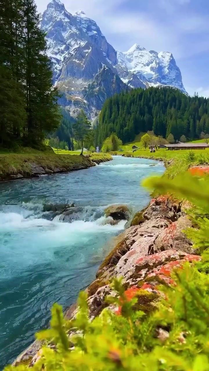 Mountain Landscape: River, Peaks, and Meadows