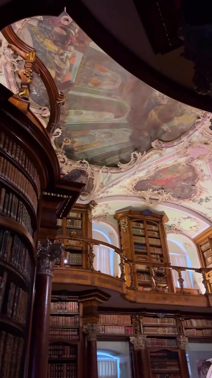 Grand Library Interior: Ornate Ceiling and Bookshelves
