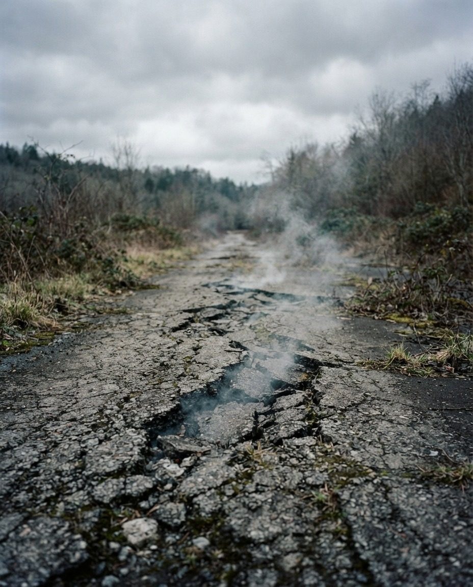 Rural Road in Disrepair with Misty Atmosphere