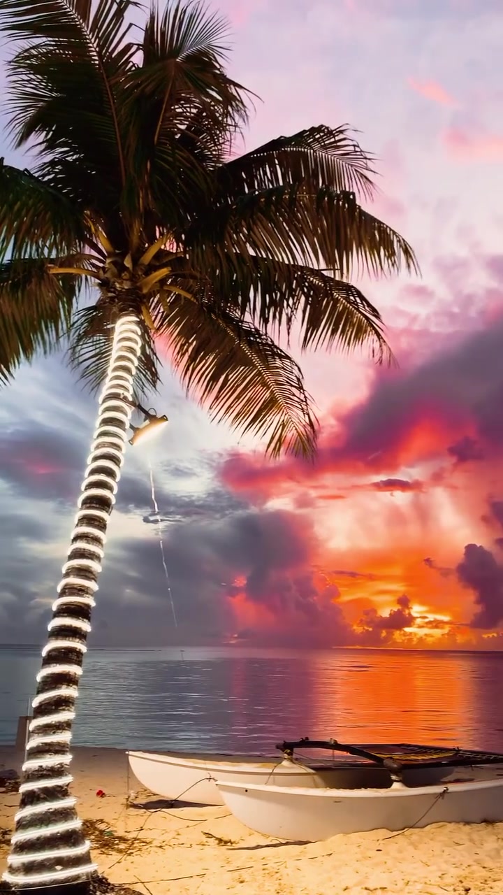 Tropical Sunset Beach Scene: Vibrant Sunset Colors