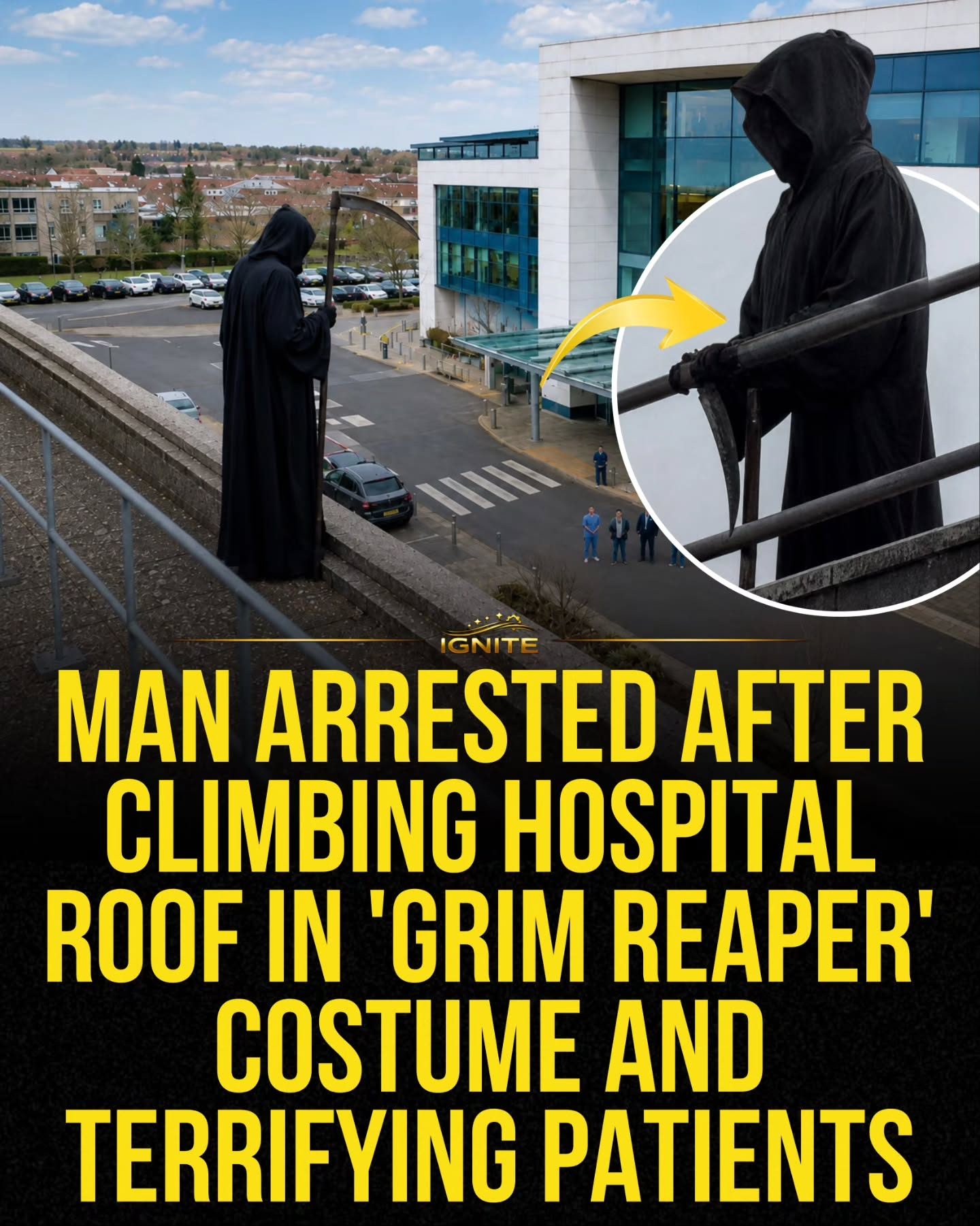 Man in Grim Reaper Costume Arrested for Hospital Roof Stunt