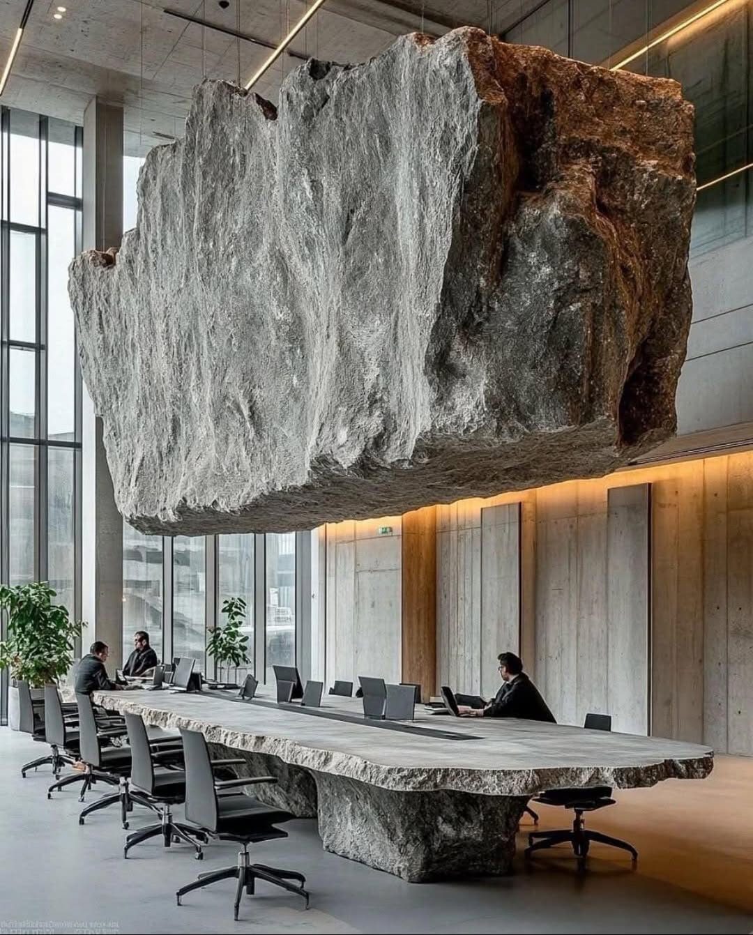 Unique Modern Office Design with a Natural Rock Feature