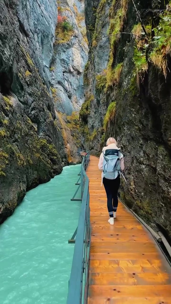 Hiking a Wooden Bridge in a Scenic Gorge