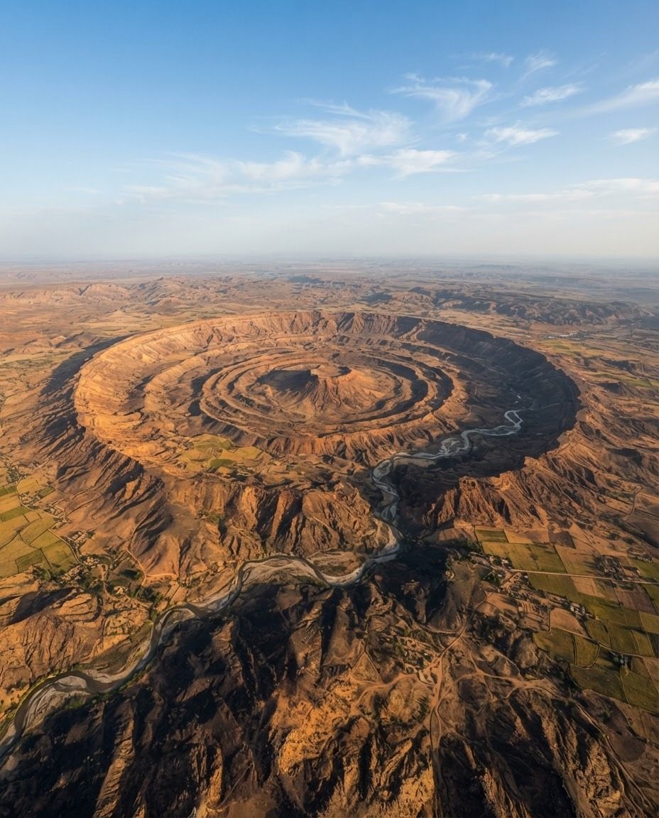 Aerial View of Maar Crater and River Erosion