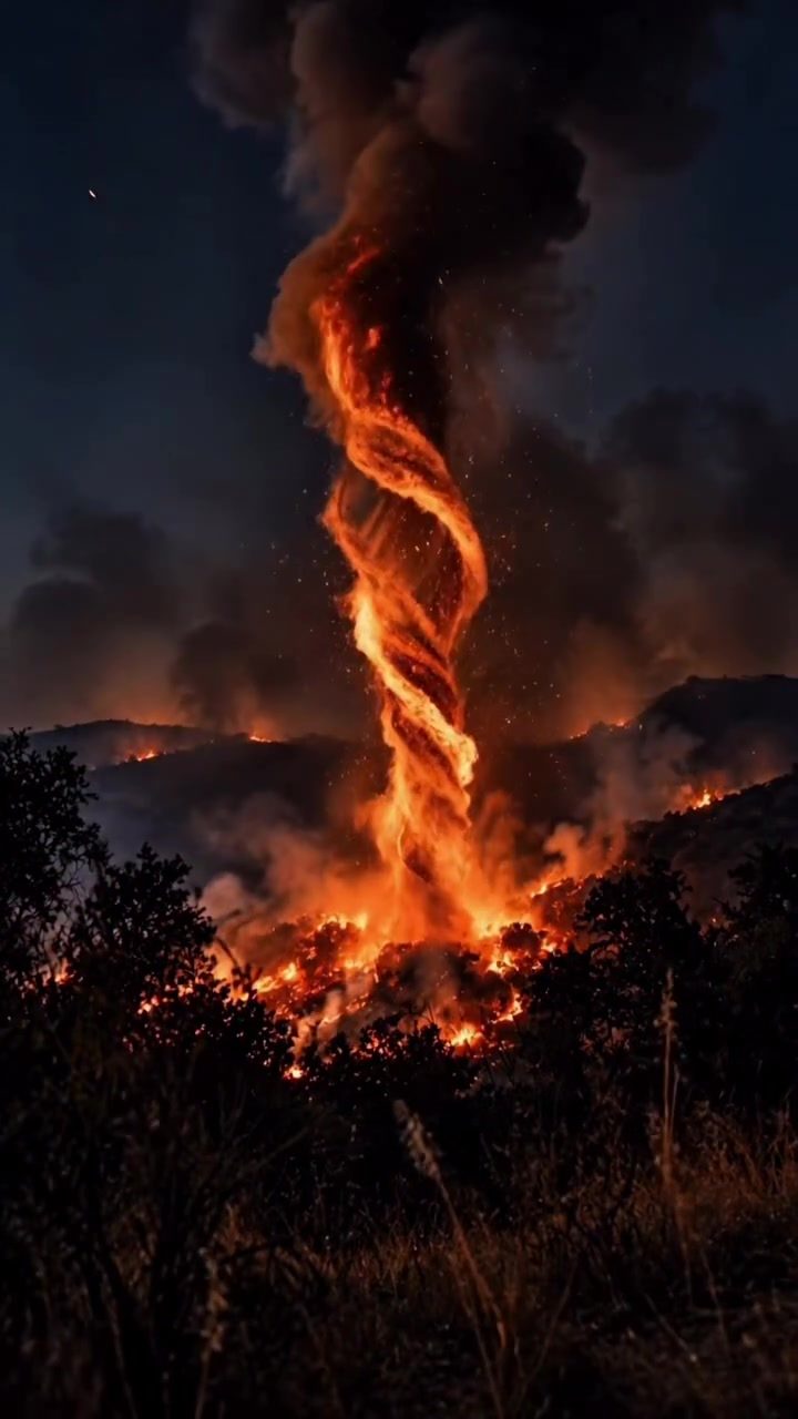 Wildfire Fire Tornado: Nighttime Hillside Inferno
