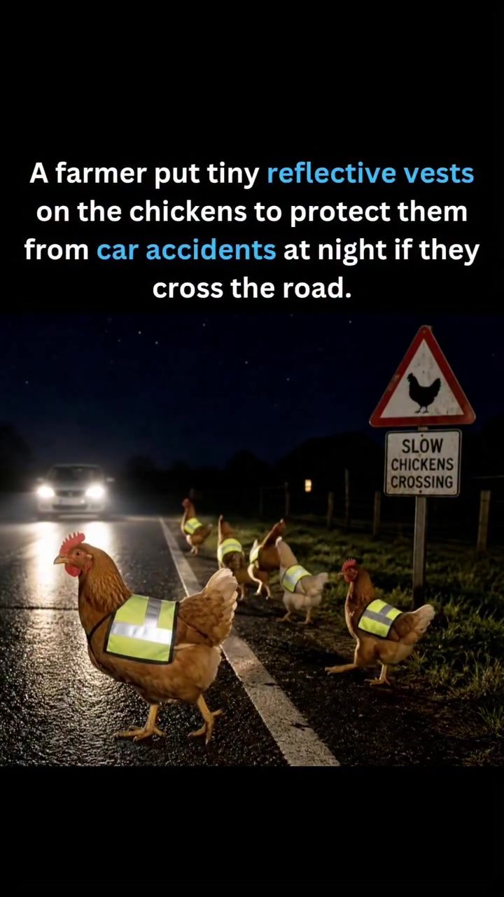 Chickens Crossing Safely at Night with Reflective Vests