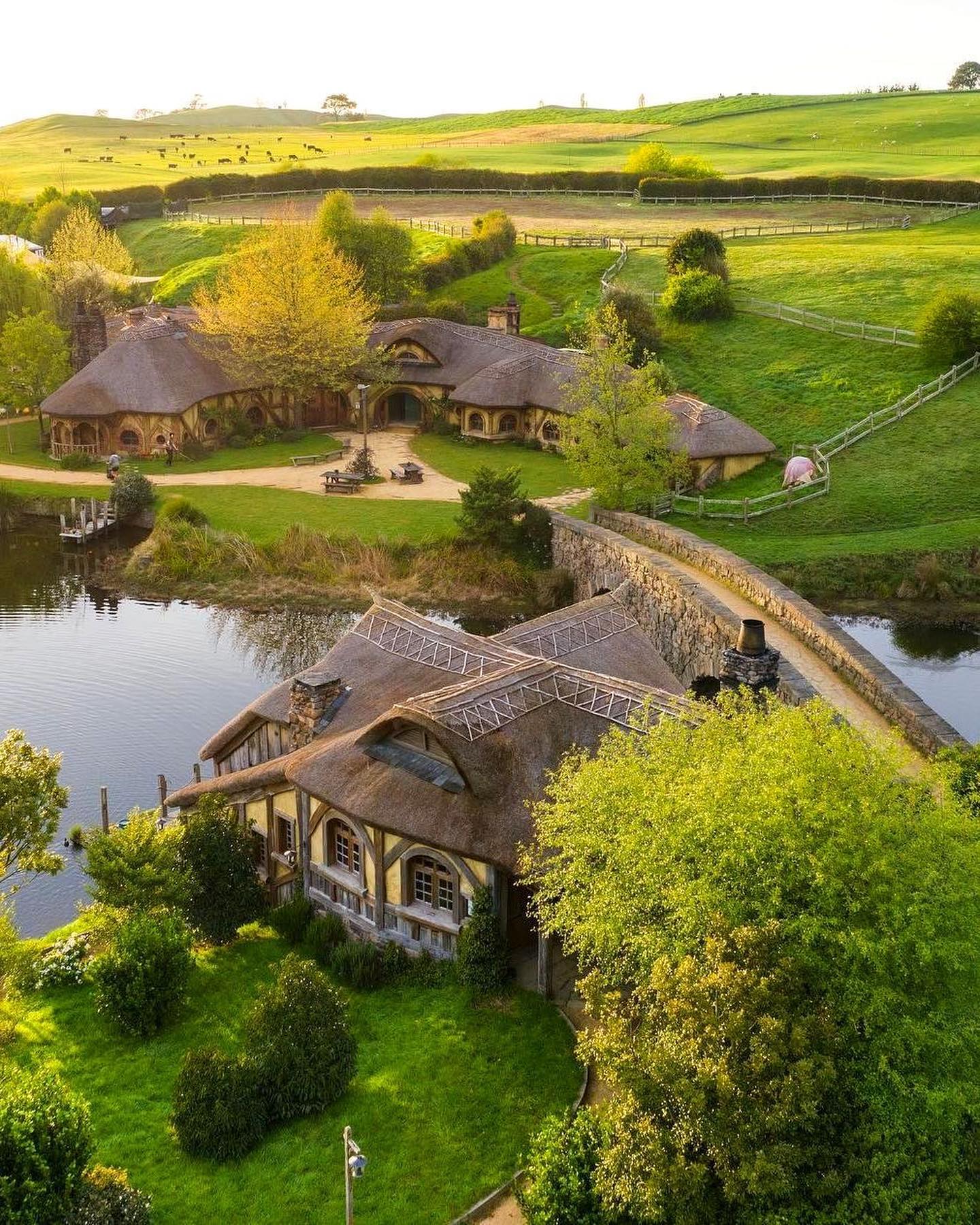 Hobbiton Movie Set: Aerial Views and Hobbit Holes