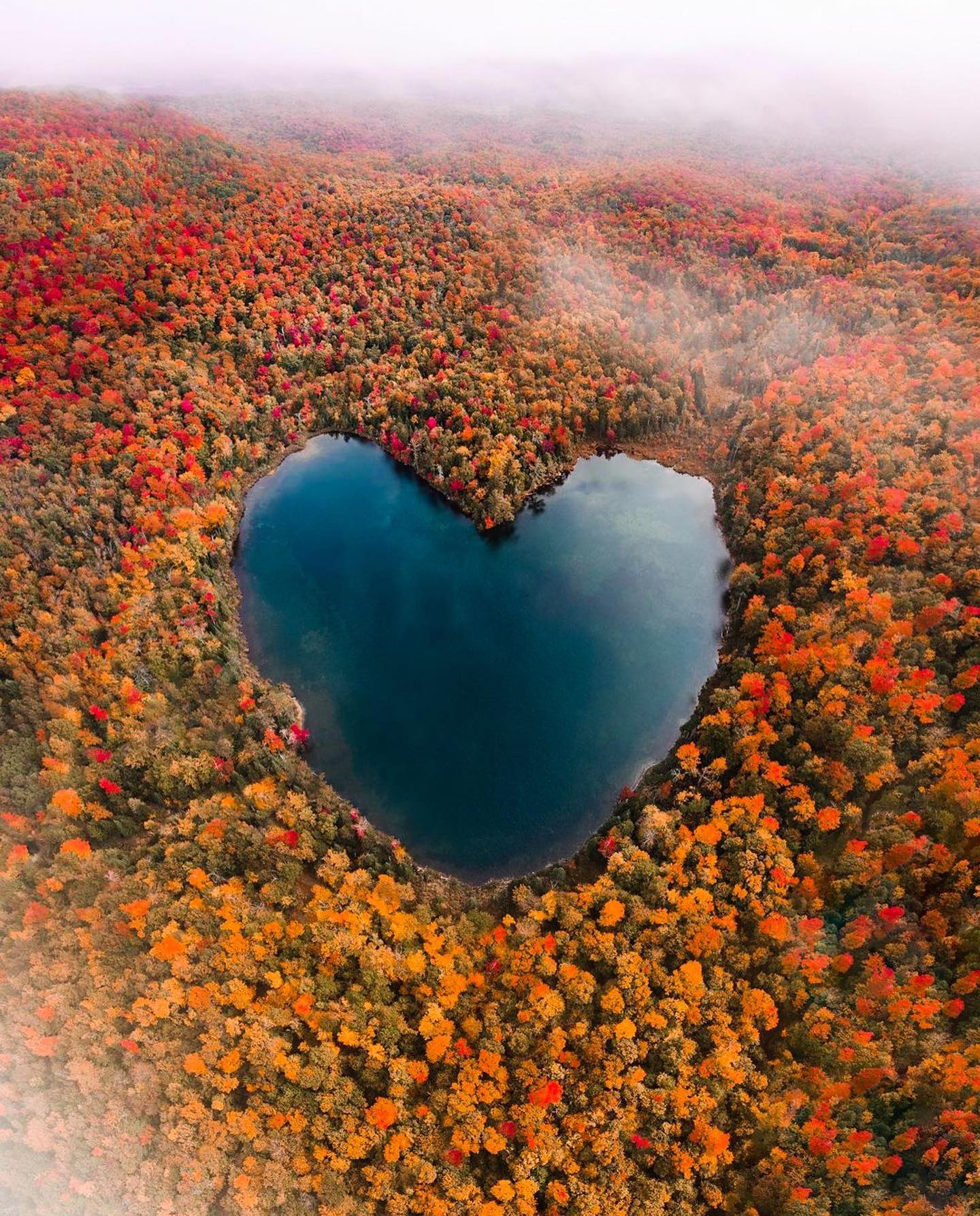 Heart-Shaped Lake Aerial View in Autumn